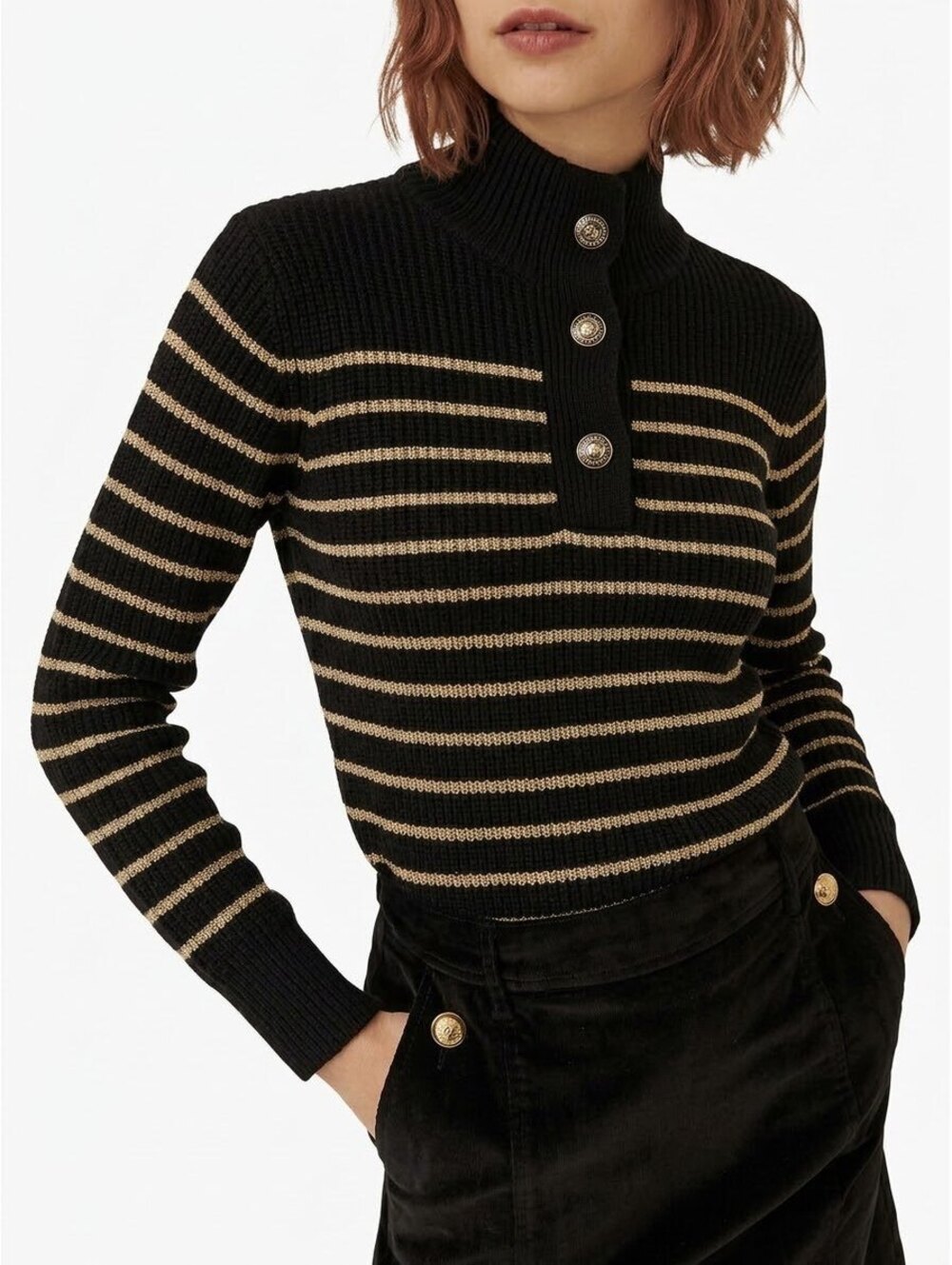 Lauren Ralph Lauren Black and Beige Striped Ribbed Pullover Sweater with Button-
